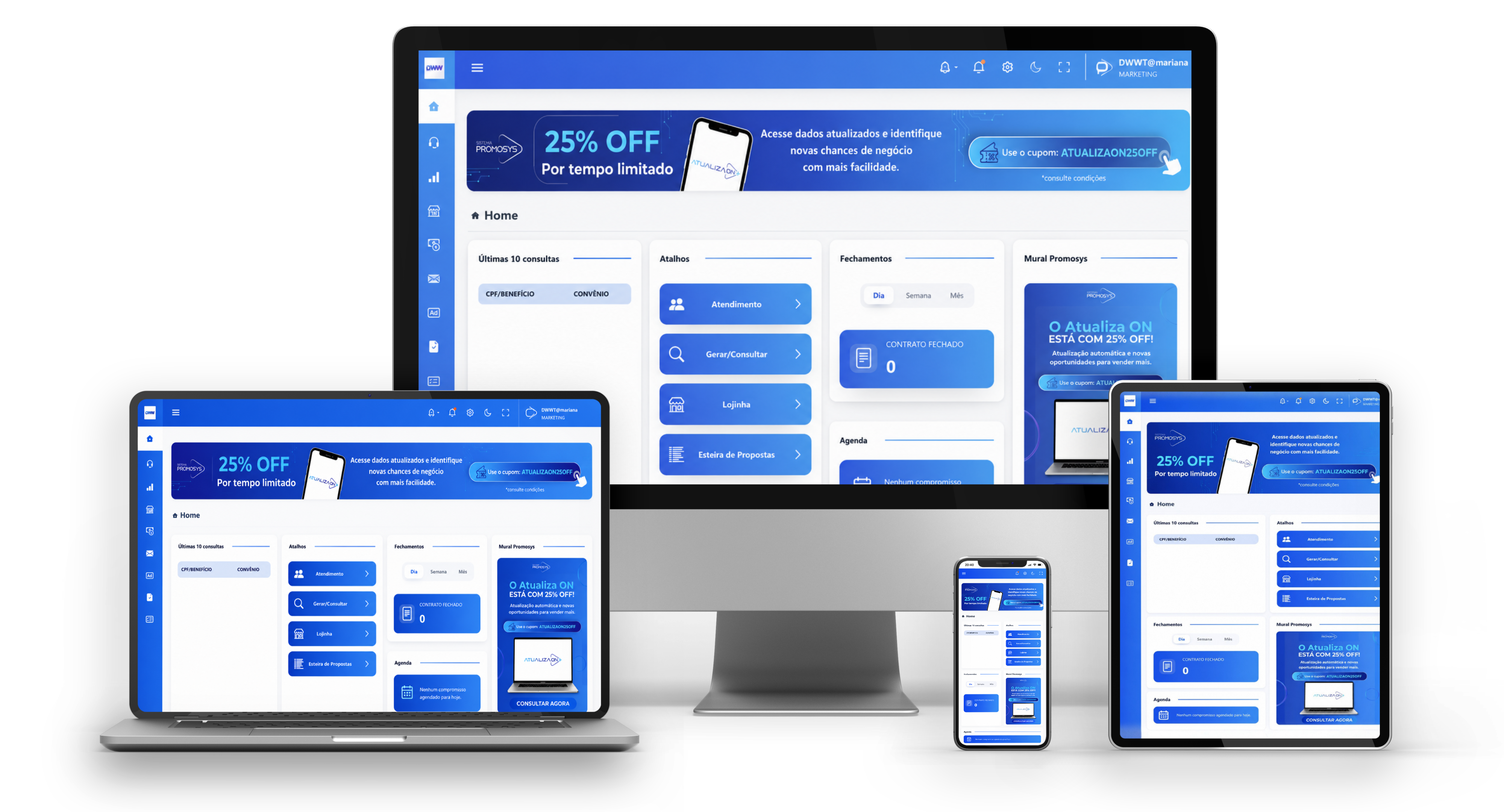 Plataforma Promosys em desktop, notebook, tablet e celular